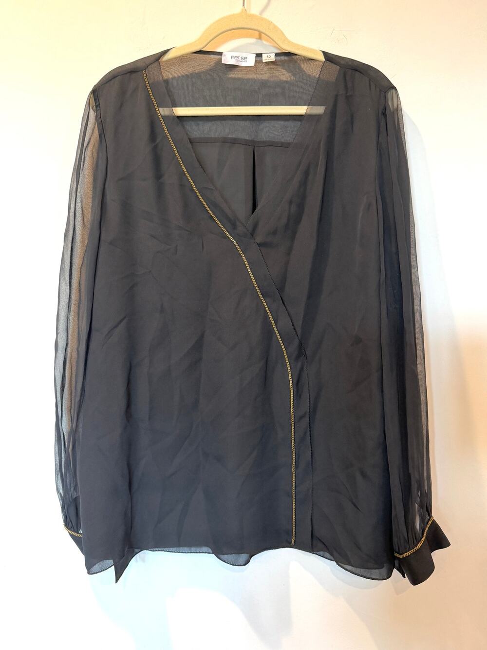 Per Se 100% silk chiffon beaded V neck blouse black Sz 12 faux wrap